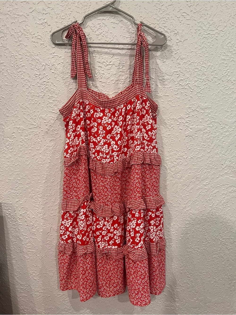 Red Floral Tiered Mini Dress with Tie Shoulder Straps